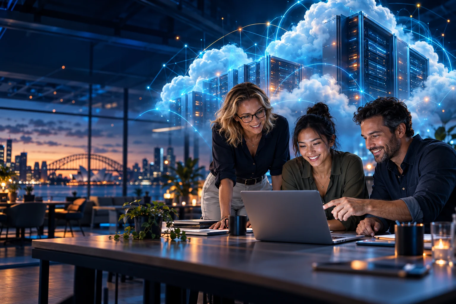 Business people collaborating with cloud hosting infrastructure and AI connections