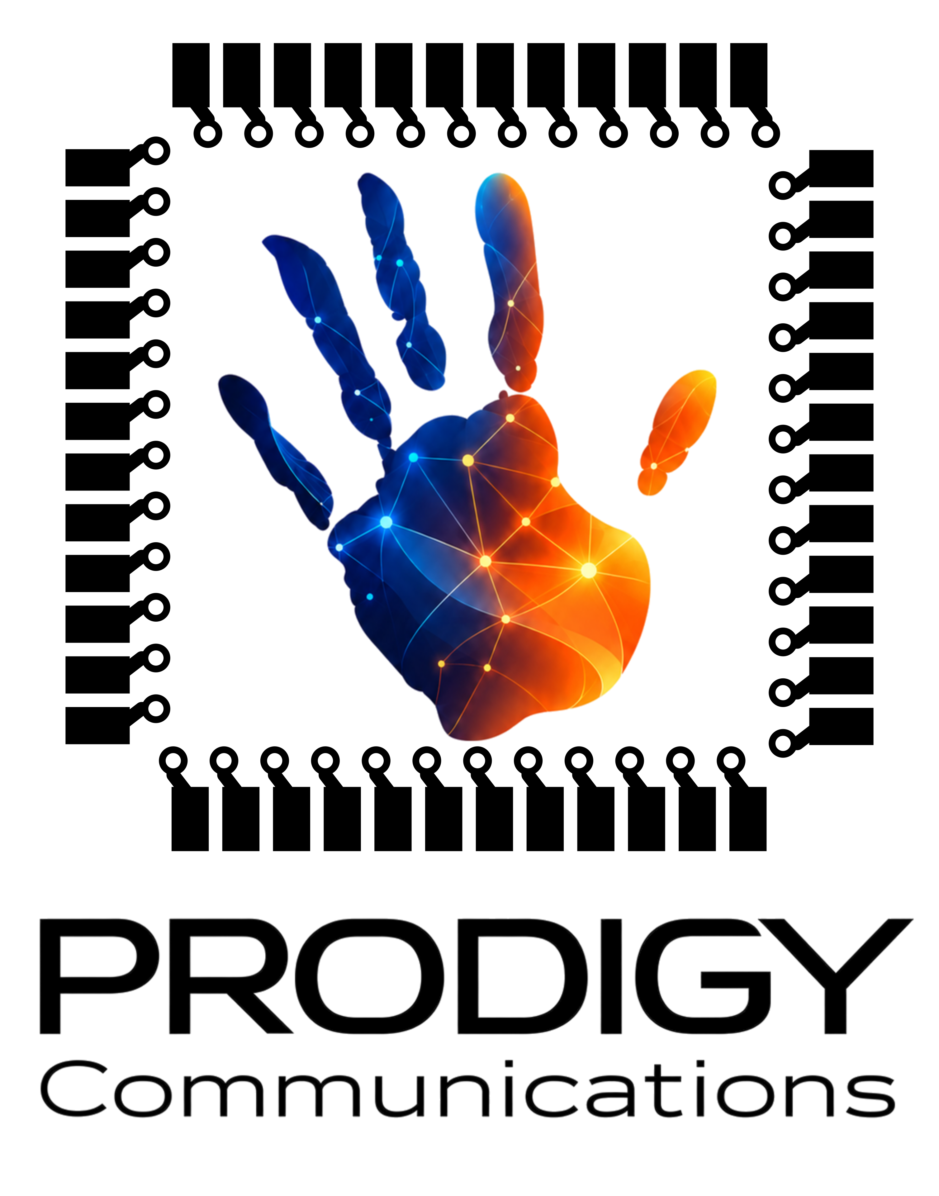 Prodigy Communications — connected handprint and circuit logo